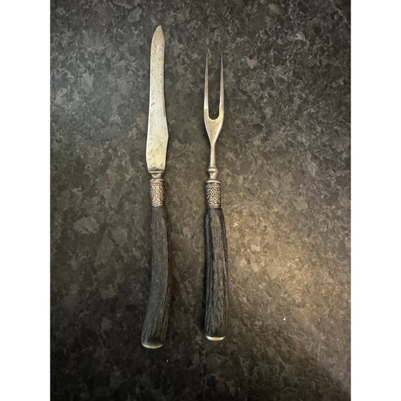 Antique Stag Handle Carving Knife & Fork Set Silver Ferrule Victorian Era - Picture 2 of 9
